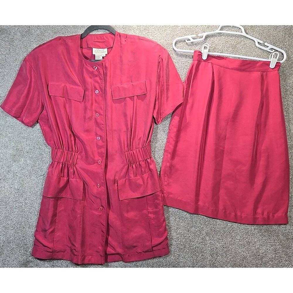 Apart Fashion 80's Vintage 100% Silk 2 Piece Pink Rose Size 6 Skirt Size S Top